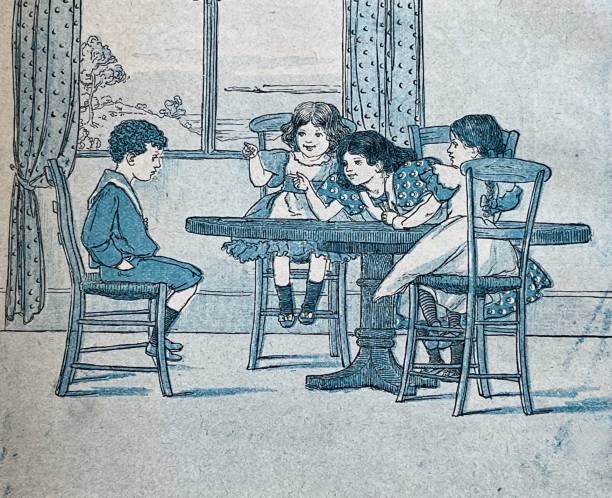 istock Four children playing and talking in living room, at the table 1345838608