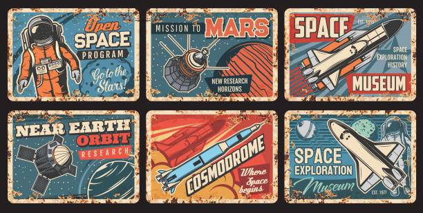 Space metal plates, rockets, spaceman and planets Space rockets and planets plates rusty metal, galaxy exploration, vector vintage posters. Spaceman flights program, cosmodrome museum, satellites or spacecraft and orbital station launch mission spaceport stock illustrations