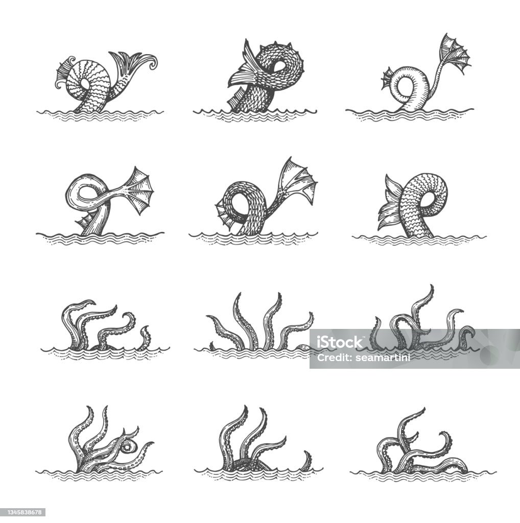 Sketch octopus tentacles monster kraken tail palps Octopus tentacles sketch, monster kraken tail or squid waving palps in sea. Vector fantasy creature, engraved retro cephalopod cthulhu arms. Underwater animal feelers isolated on white. Map elements Map stock vector