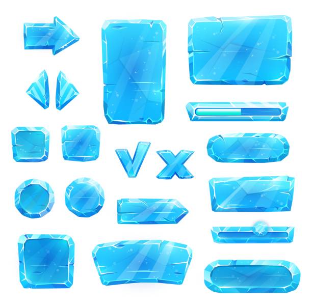 Game asset of blue ice crystal buttons, vector Game asset of blue ice crystal buttons, cartoon vector set. Menu interface of iced textured blocks and cubes, ui gui graphic elements. Frozen slider, isolated arrow and cross. User panel interface ice clipart stock illustrations