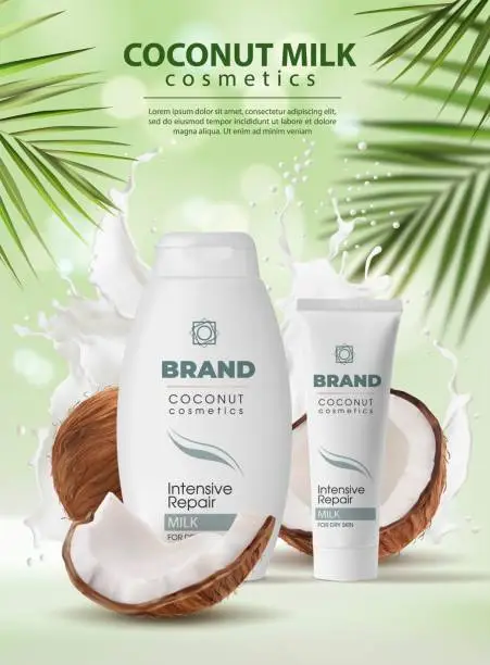 Vector illustration of Coconut milk cosmetics, skin care cream, shampoo