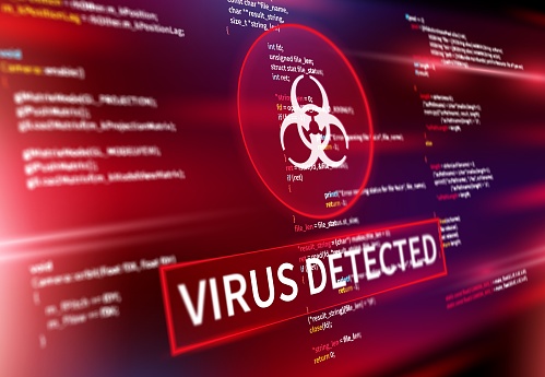 Virus detected warning alert message on computer screen, vector internet cyber security background. Hacking attack and virus detection spyware or digital antivirus malware for internet data fraud