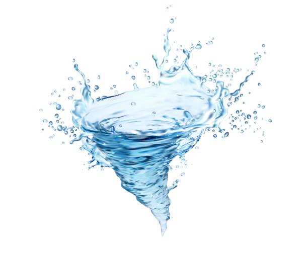 Transparent blue water whirlwind, tornado, twister Transparent blue water whirlwind, tornado, twister or splash. Vector water swirl with drops, liquid splashing dynamic motion, tornado with spray droplets, isolated realistic 3d pure whirl tornado stock illustrations