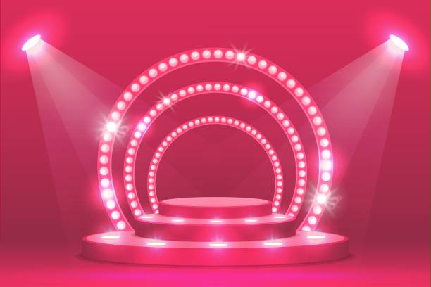 ilustraciones, imágenes clip art, dibujos animados e iconos de stock de escenario del podio rosa con luces de rampa, escena del espectáculo - vertical ramp