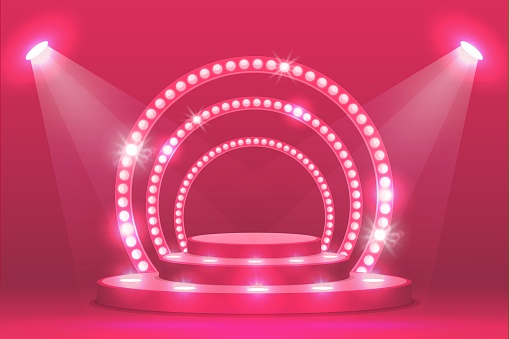 Pink podium stage with ramp lights, vector ceremony award and show scene. Empty podium stage with spotlight, concert red pedestal or fashion round platform in 3D, illuminated with spot lamps