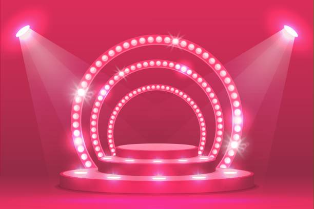 Pink podium stage with ramp lights, show scene Pink podium stage with ramp lights, vector ceremony award and show scene. Empty podium stage with spotlight, concert red pedestal or fashion round platform in 3D, illuminated with spot lamps catwalk stage stock illustrations