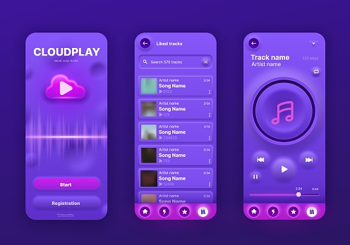 Neomorphic music player interface, UI app screen, vector mobile phone playlist application. Neomorphic music player audio media buttons temples with song playlist menu and album cover, neomorphism UX
