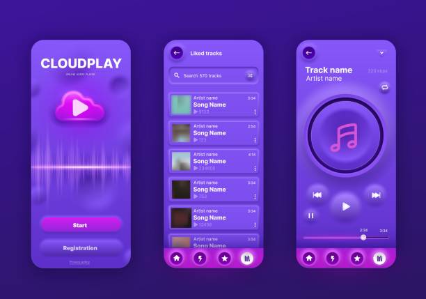 Neomorphic music player interface, UI app screen Neomorphic music player interface, UI app screen, vector mobile phone playlist application. Neomorphic music player audio media buttons temples with song playlist menu and album cover, neomorphism UX mp3 player stock illustrations