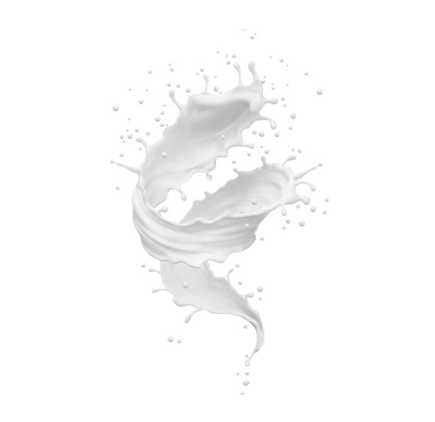 Milk twister, whirlwind, tornado realistic splash Milk twister, whirlwind or tornado realistic splash. White vortex youhurt wave with splatters and drops. Isolated liquid motion with scatter droplets, pouring dairy milk product. Realistic 3d vector milk stock illustrations