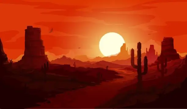 Vector illustration of American desert landscape, western background