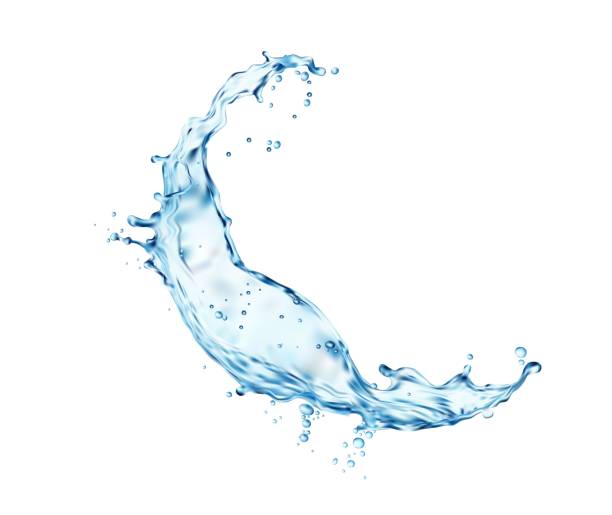 Transparent blue water wave splash with drops Transparent blue water wave splash with drops. Vector liquid splashing 3d dynamic motion water swirl element with spray droplets isolated on white background, hydration, fresh drink hyperrealism stock illustrations