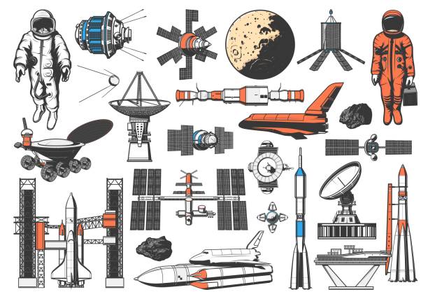 Space rocket, galaxy satellite, spaceman spaceship Space icons of rocket, spaceman and planets satellites, vector galaxy exploration. Lunar rover and spaceship shuttle, orbital station and meteor asteroids, cosmodrome spacecraft launch pad and sputnik spaceport stock illustrations