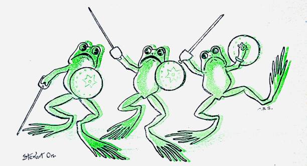 Three frogs with swords fighting Illustration from 19th century. cute frog stock illustrations