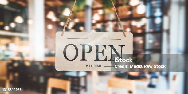 Open Sign In Front Of Door Café And Restaurant Stock Photo - Download Image Now - Open Sign, Store, Small Business