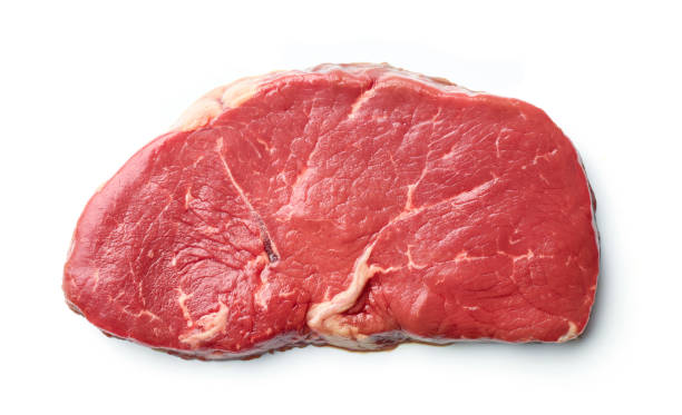 raw steak meat isolated on white, from above - scotch steak imagens e fotografias de stock
