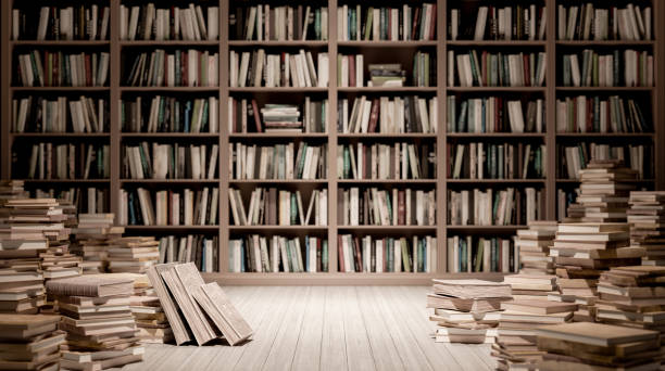 istock Bookshelves in the library with old books 3d render 1345841395