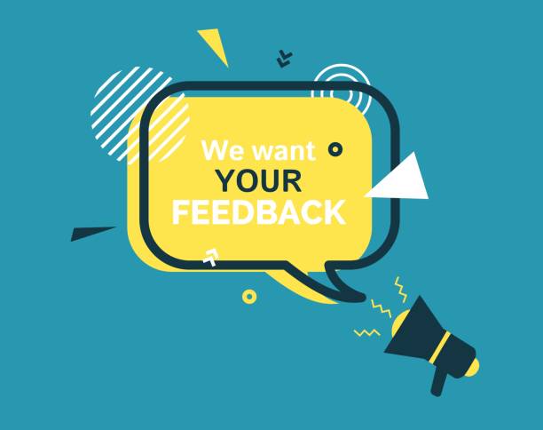 istock We want your feedback yellow speech bubble and bullhorn in flat style. Yellow badge with stars sign black frame and abstract geometric shapes. Vector banner and outline round elements with megaphone 1345842080