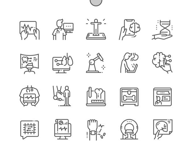 stockillustraties, clipart, cartoons en iconen met medical technology. robotic syringe. advanced equipment. health care and medicine. chip, mri and xray. pixel perfect vector thin line icons. simple minimal pictogram - robotchirurgie