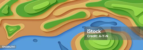 Topographic Map In Papercut Style Top View River Trees Elevation And ...