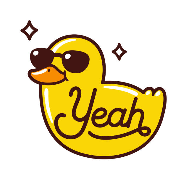 Duck Yeah cartoon yellow duck in sunglasses Duck Yeah, cartoon yellow rubber ducky in cool sunglasses. Funny euphemism pun, cute and simple doodle style drawing. Vector clip art illustration. duck bird stock illustrations
