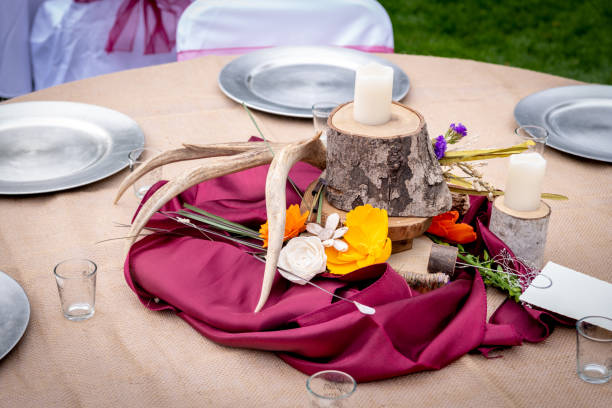 istock Close up of a wedding reception table center piece 1345842797