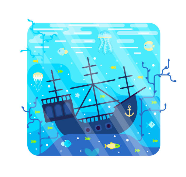 ilustraciones, imágenes clip art, dibujos animados e iconos de stock de ilustración vectorial de dibujos animados con barco hundido en el fondo marino - sunken