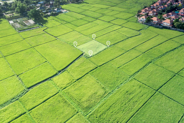 istock Land plot in aerial view with identify registration symbol. 1345844842