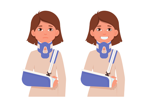 Sad and happy woman with a broken arm in a cast and a fixing collar around his neck. Vector illustration