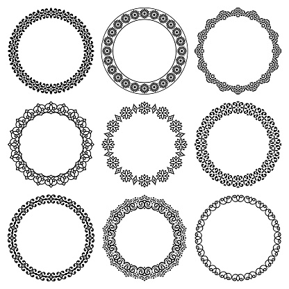 Vector set of round frames in oriental style. Collection of borders with geometric floral ornament. Group of circles for design card, invitation, vignette, greeting card, plate, dishes, print on paper