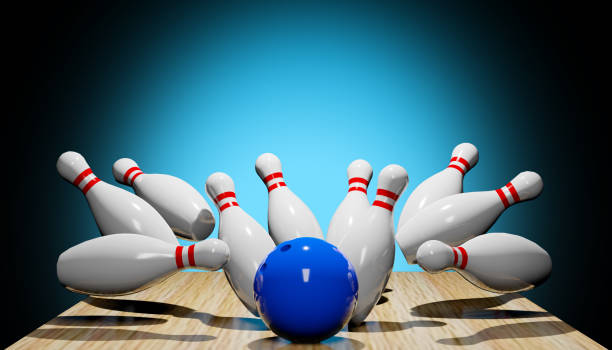3d-rendering eines bowling-schlags mit kegeln und einem ball. digitale bildillustration. - strike stock-fotos und bilder