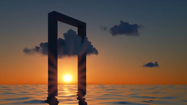 istock 3d rendering, abstract sunset background with clouds flying under the geometrical arch in the water. Minimal seascape scene 1345846806