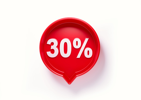 30 percent off written red speech bubble sitting on white background. Horizontal composition with copy space. Clipping path is included.