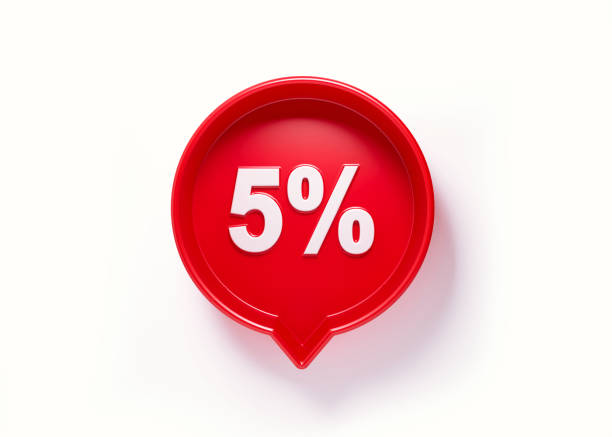 5 percent off written red speech bubble sitting on white background. Horizontal composition with copy space. Clipping path is included.