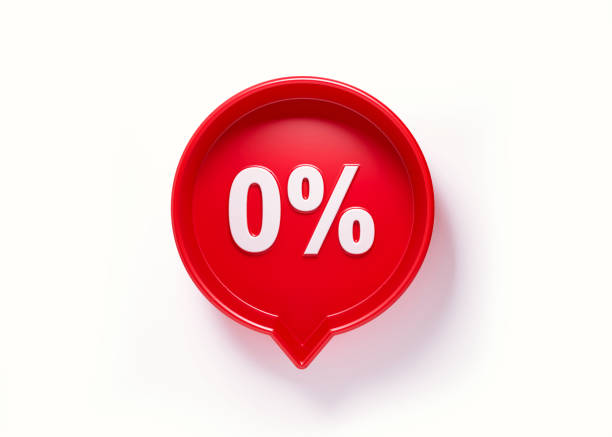 0 percent off written red speech bubble sitting on white background. Horizontal composition with copy space. Clipping path is included.