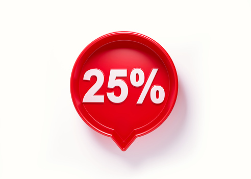 25 percent off written red speech bubble sitting on white background. Horizontal composition with copy space. Clipping path is included.