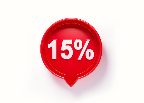 15 percent off written red speech bubble sitting on white background. Horizontal composition with copy space. Clipping path is included.