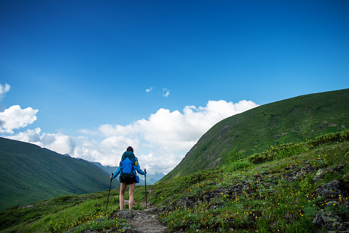 rear view of a woman hiker on the trail path in the mountains
