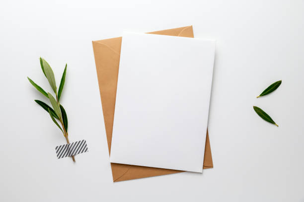 istock Blank greeting, invitation, congratulation or condolence card beside an olive branch (symbol for life, peace, love and loyalty), fixed on a white desk with washi tape. 1345848209