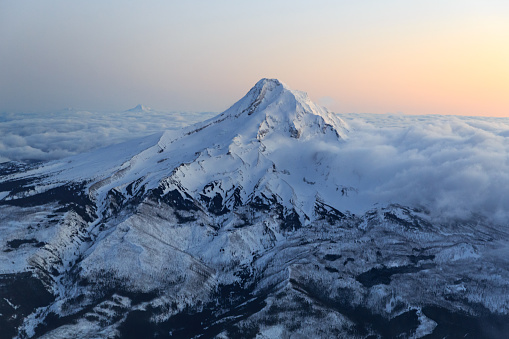 Aerial view of Mount Hood with snow in late winter