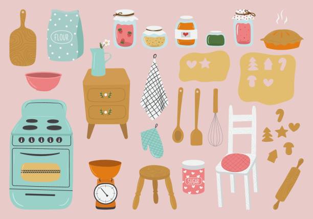 Hand drawn set of kitchen items in retro style Hand drawn set of kitchen items in retro style. Doodle vector illustration of cute baking tools: flour, scales, rolling pin, dough, whisk, stove, jar. Vintage kitchenware collection egg beater stock illustrations