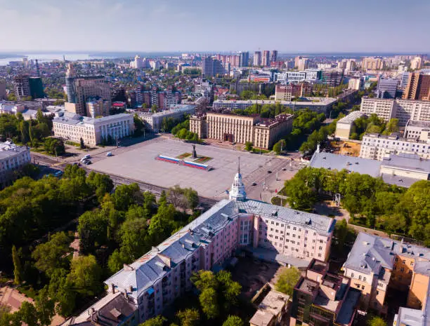 View from drone of  center of Voronezh with Lenin Square and panel buildings, Russia