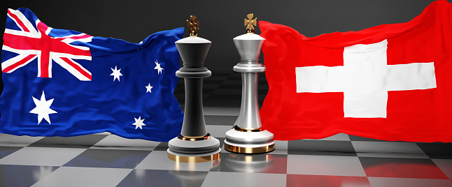 Australia Switzerland summit, fight or a stand off between those two countries that aims at solving political issues, symbolized by a chess game with national flags, 3d illustration.