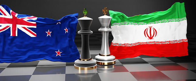 New Zealand Iran summit, fight or a stand off between those two countries that aims at solving political issues, symbolized by a chess game with national flags, 3d illustration.