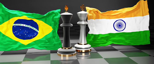 Brazil India summit, fight or a stand off between those two countries that aims at solving political issues, symbolized by a chess game with national flags, 3d illustration.