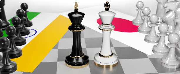 istock India and Japan conflict, clash, crisis and debate between those two countries that aims at a trade deal and dominance symbolized by a chess game with national flags, 3d illustration 1345850751