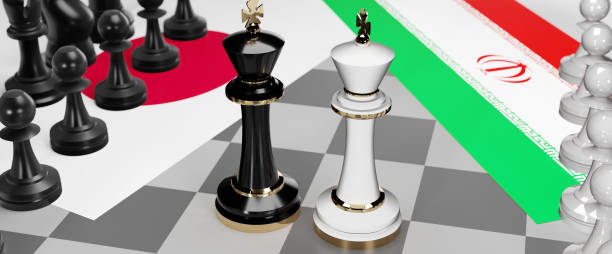 istock Japan and Iran conflict, clash, crisis and debate between those two countries that aims at a trade deal and dominance symbolized by a chess game with national flags, 3d illustration 1345850752