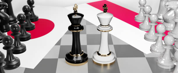 istock Japan and Poland conflict, clash, crisis and debate between those two countries that aims at a trade deal and dominance symbolized by a chess game with national flags, 3d illustration 1345850764