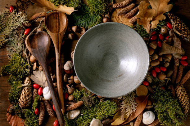 empty plate over ambiance magic autumnal forest background - tablesetting imagens e fotografias de stock