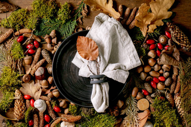 istock Empty plate over ambiance magic autumnal forest background 1345855023