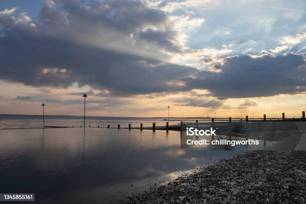 Sunset At Chalkwell Beach Essex England United Kingdom Stock Photo - Download Image Now